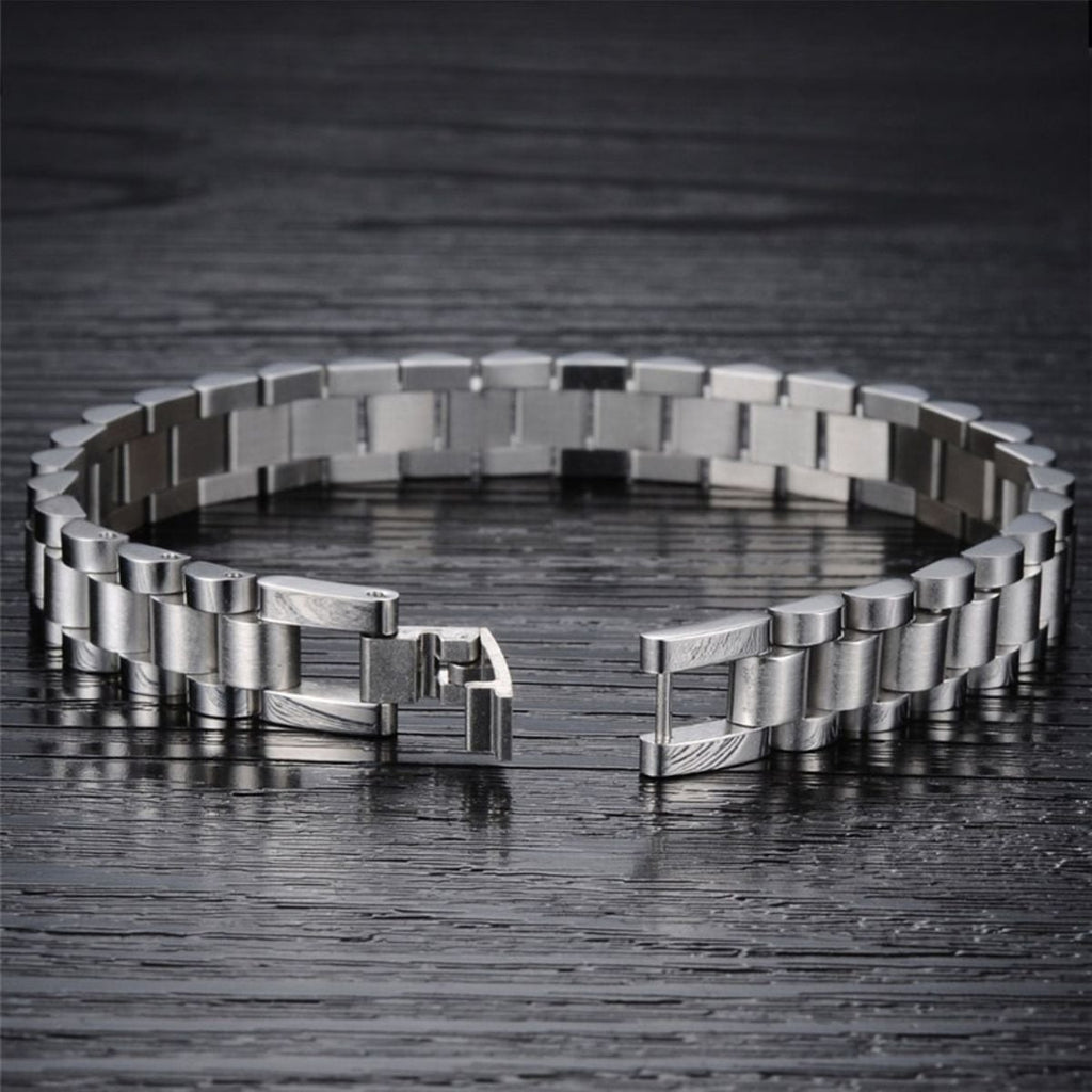 Watch Style Glossy Silver 316L Stainless Steel Bracelet For Men Bulk