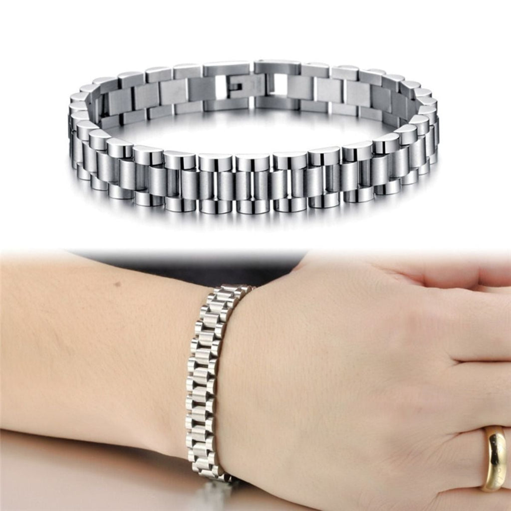 Watch Style Glossy Silver 316L Stainless Steel Bracelet For Men Bulk