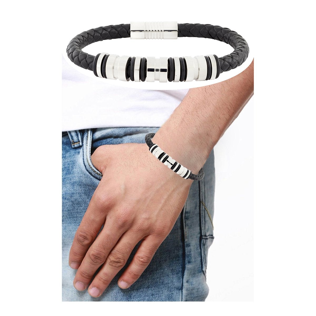 High Quality Braided Leather Stainless Steel Wrist Band Bracelet Bulk