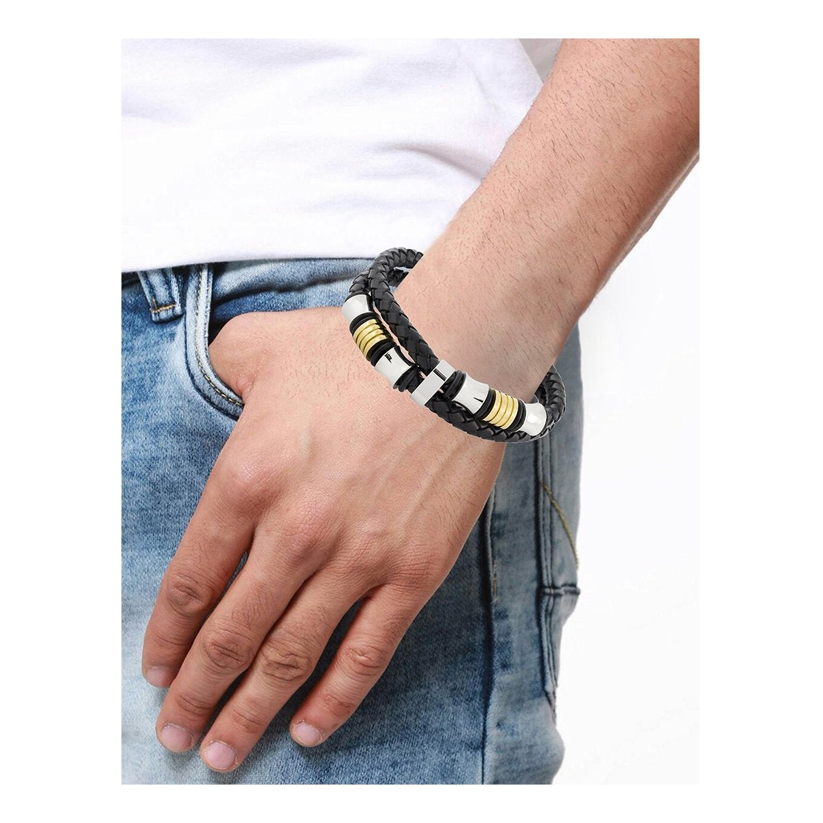 Braided Leather 316L Stainless Steel Wrist Band Bracelet Men Bulk