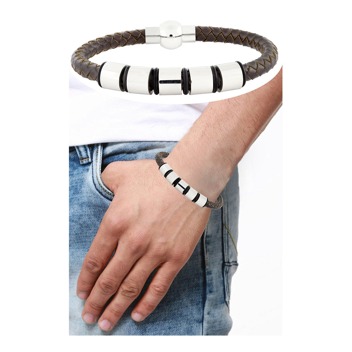 Punk Braided Leather 316L Stainless Steel Wrist Band Bracelet Bulk
