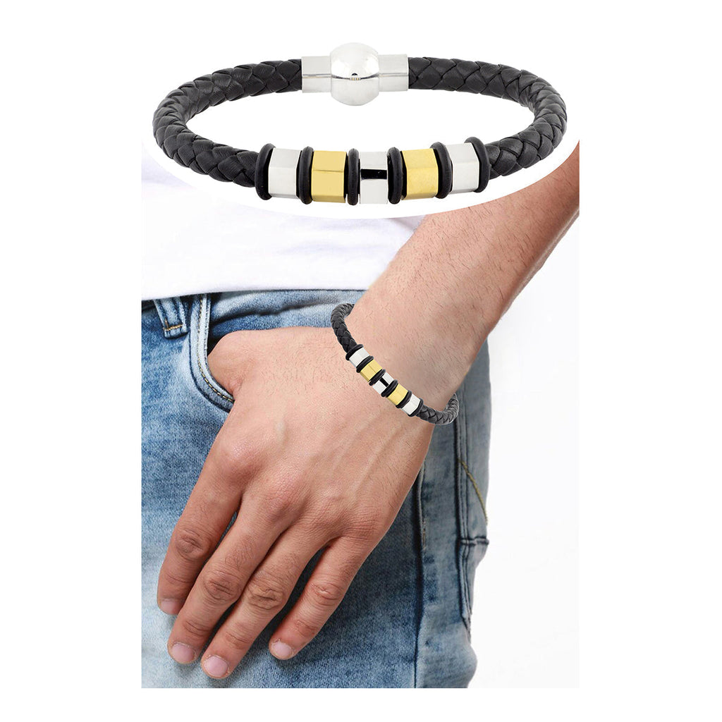 3D Braided Leather 316L Stainless Steel Wrist Band Bracelet Men Bulk