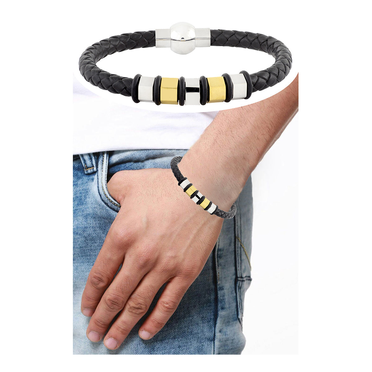 3D Braided Leather 316L Stainless Steel Wrist Band Bracelet Men Bulk