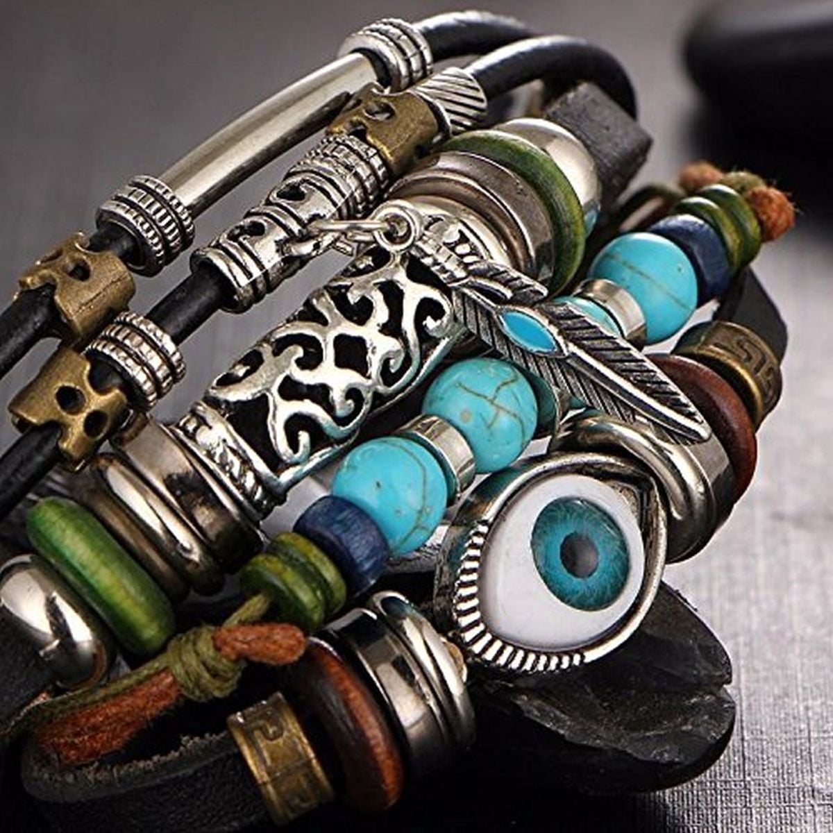 Punk Turkish Evil Eye Multi Strand Turquoise Leather Bracelet Men Bulk