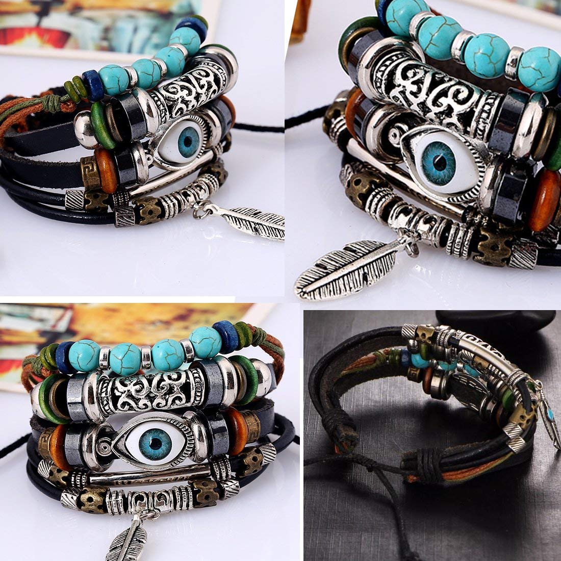 Punk Turkish Evil Eye Multi Strand Turquoise Leather Bracelet Men Bulk