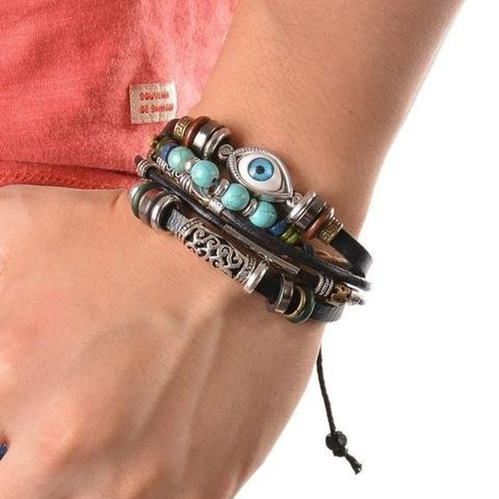 Punk Turkish Evil Eye Multi Strand Turquoise Leather Bracelet Men Bulk