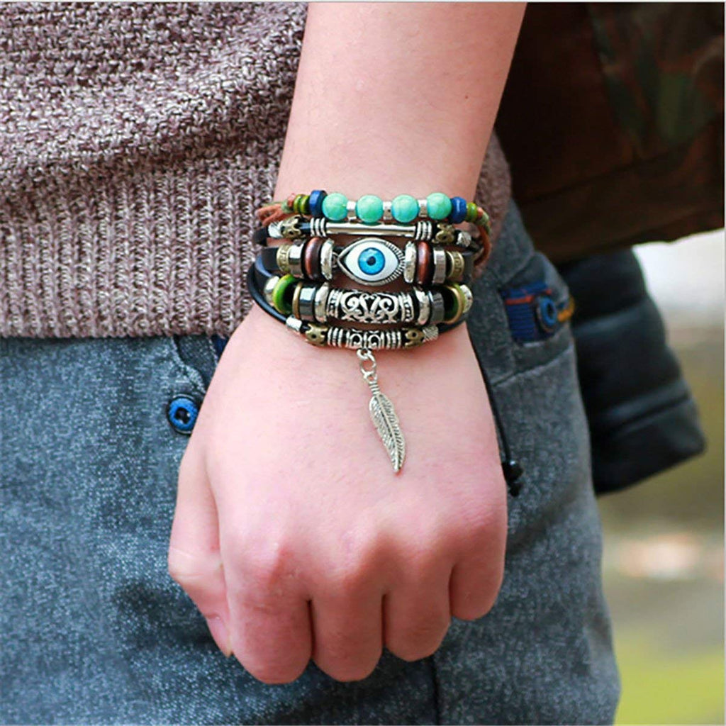 Punk Turkish Evil Eye Multi Strand Turquoise Leather Bracelet Men Bulk