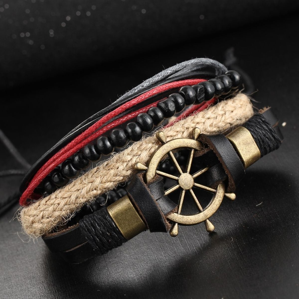 Multi Strand Leather Thread Black Beads Multi Wrist Band Bracelet Bulk Main image