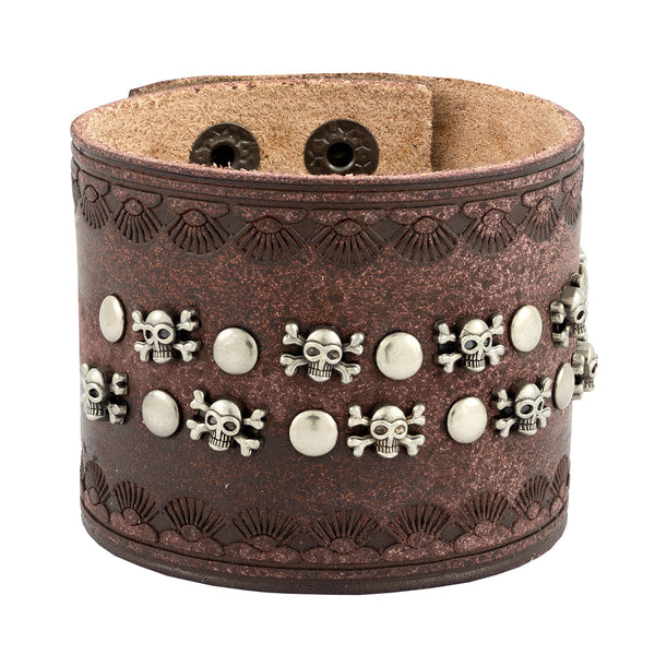 Skull Biker Punk Funky Brown Leather Wrist Band Bracelet Men Bulk Secondary image