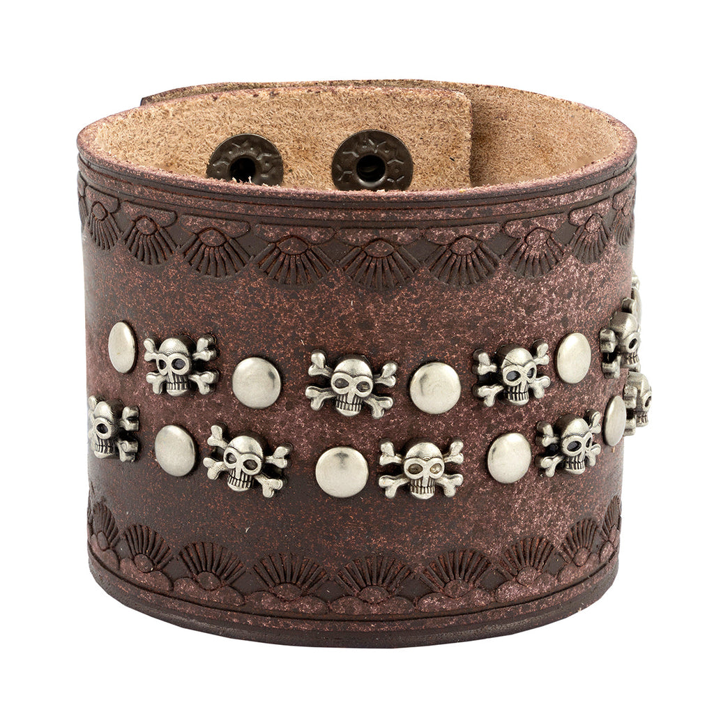 Skull Biker Punk Funky Brown Leather Wrist Band Bracelet Men Bulk