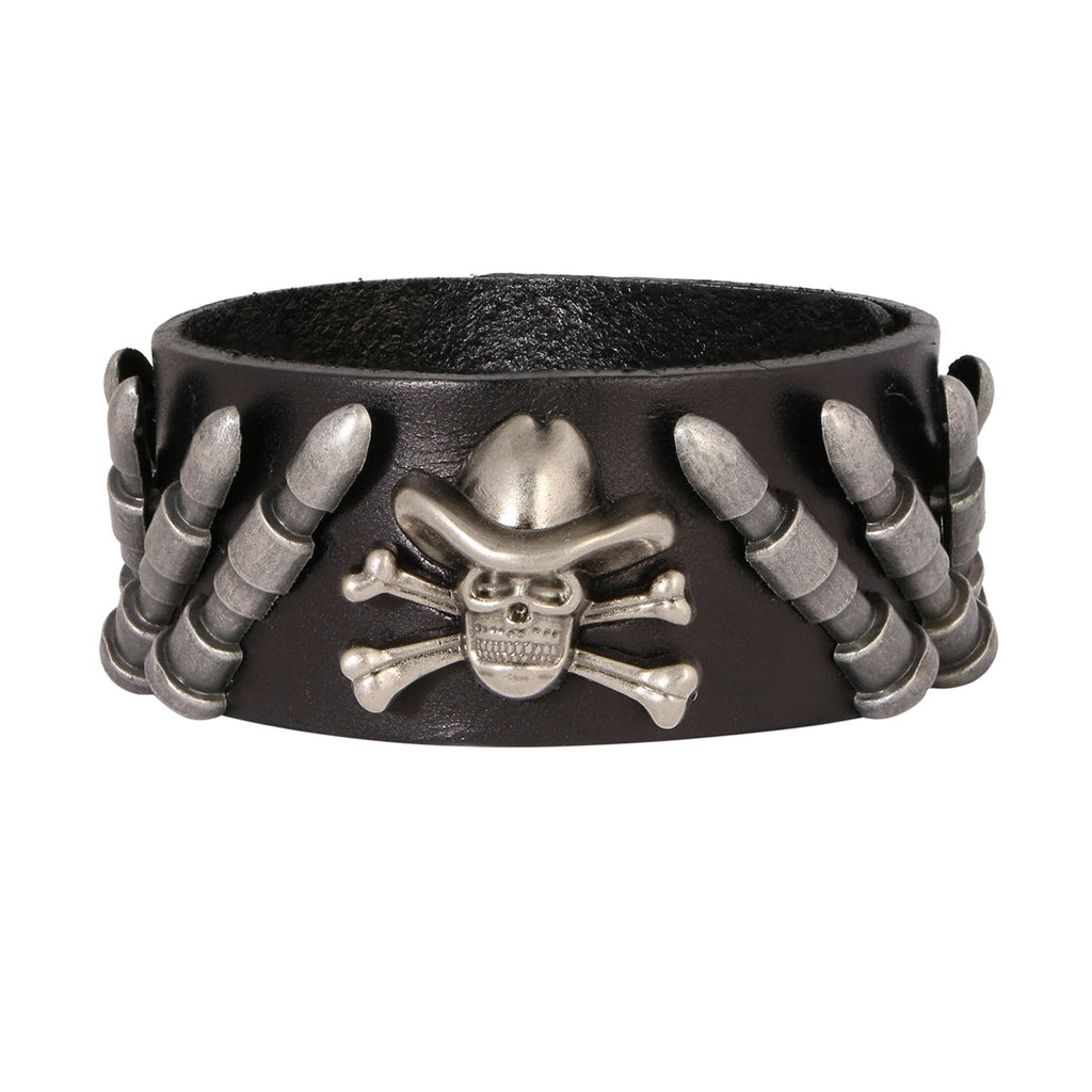 Skull Bullet Genuine Handcrafted Black Leather Bracelet For Men Bulk