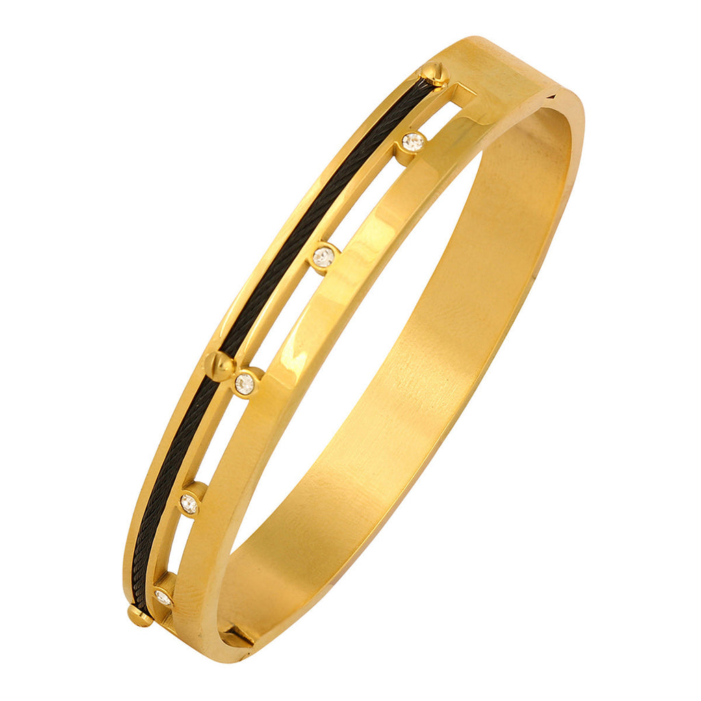 Screw Rope 18K Gold & Black CZ Stainless Steel Kada Bangle Men Bulk