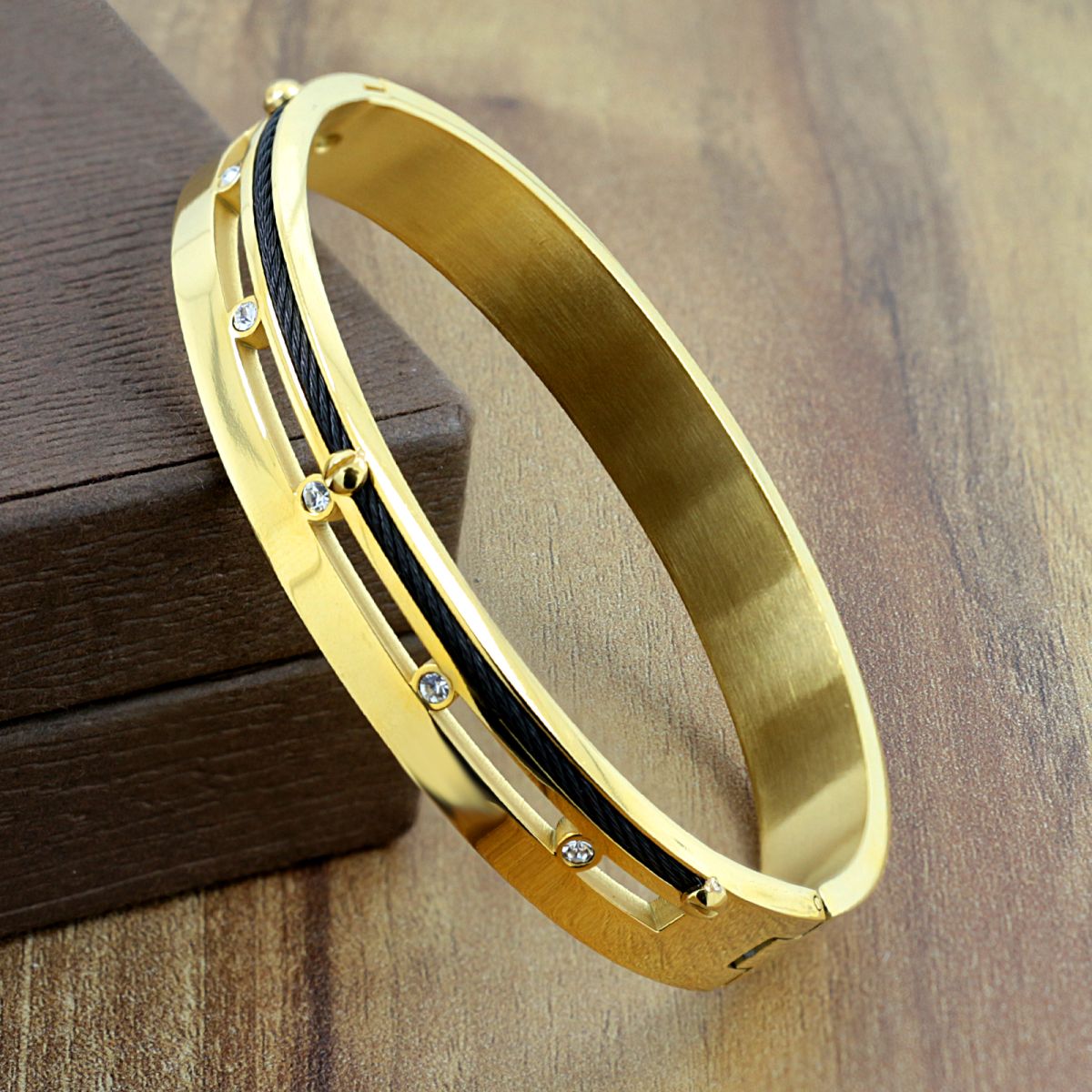 Screw Rope 18K Gold & Black CZ Stainless Steel Kada Bangle Men Bulk Main image