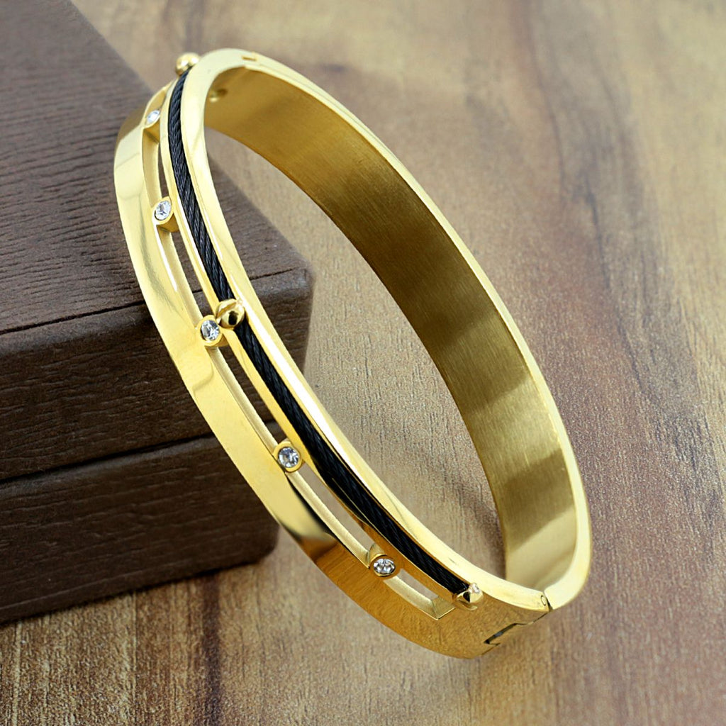 Screw Rope 18K Gold & Black CZ Stainless Steel Kada Bangle Men Bulk