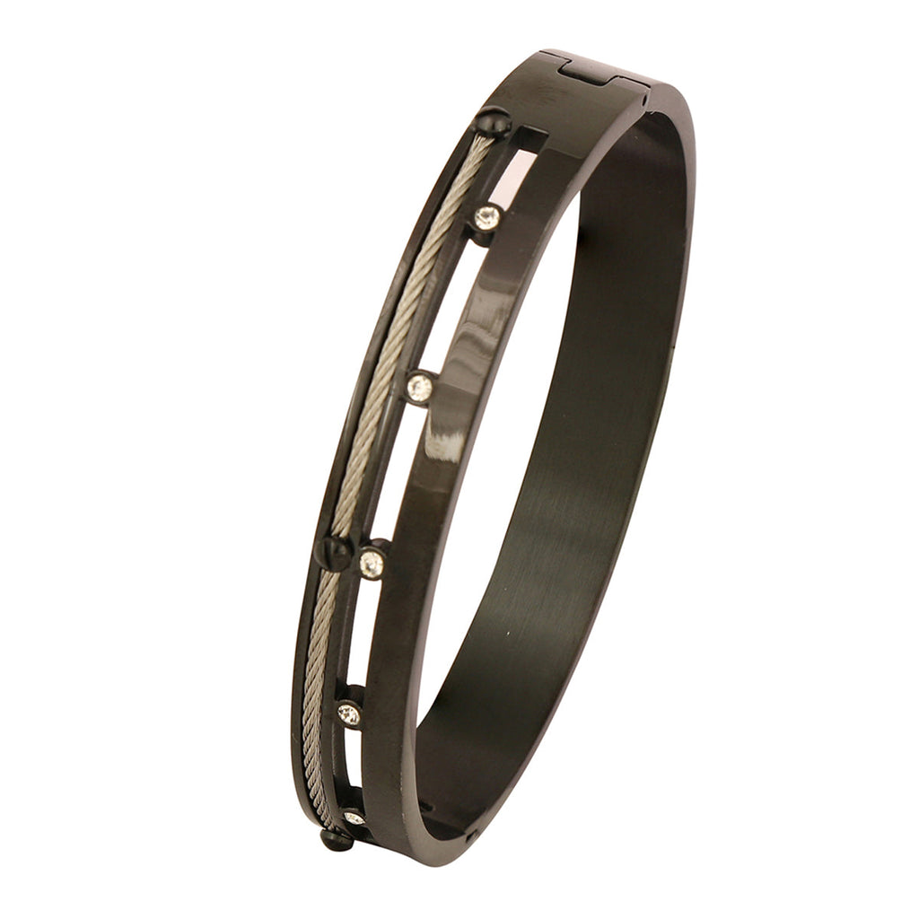 Black Silver Cubic Zirconia Stainless Steel Kada Bracelet Men Bulk