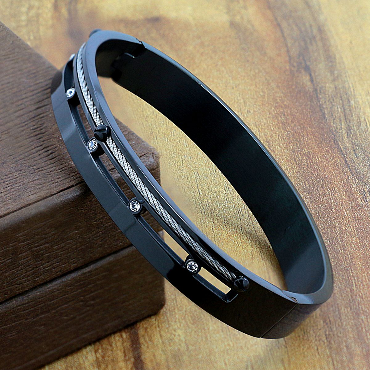 Black Silver Cubic Zirconia Stainless Steel Kada Bracelet Men Bulk Main image