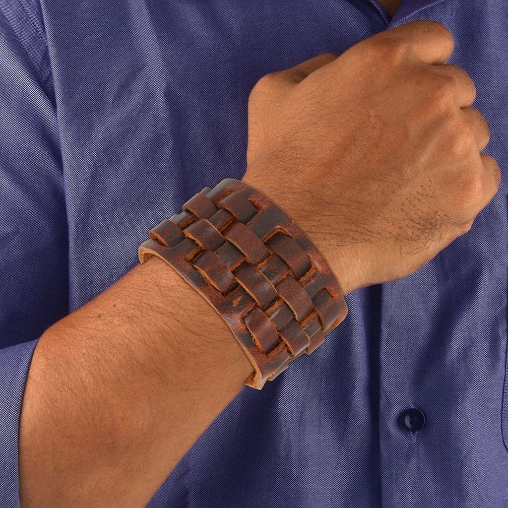 Funky Tan Brown Handcrafted Leather Wrist Band Biker Bracelet Men