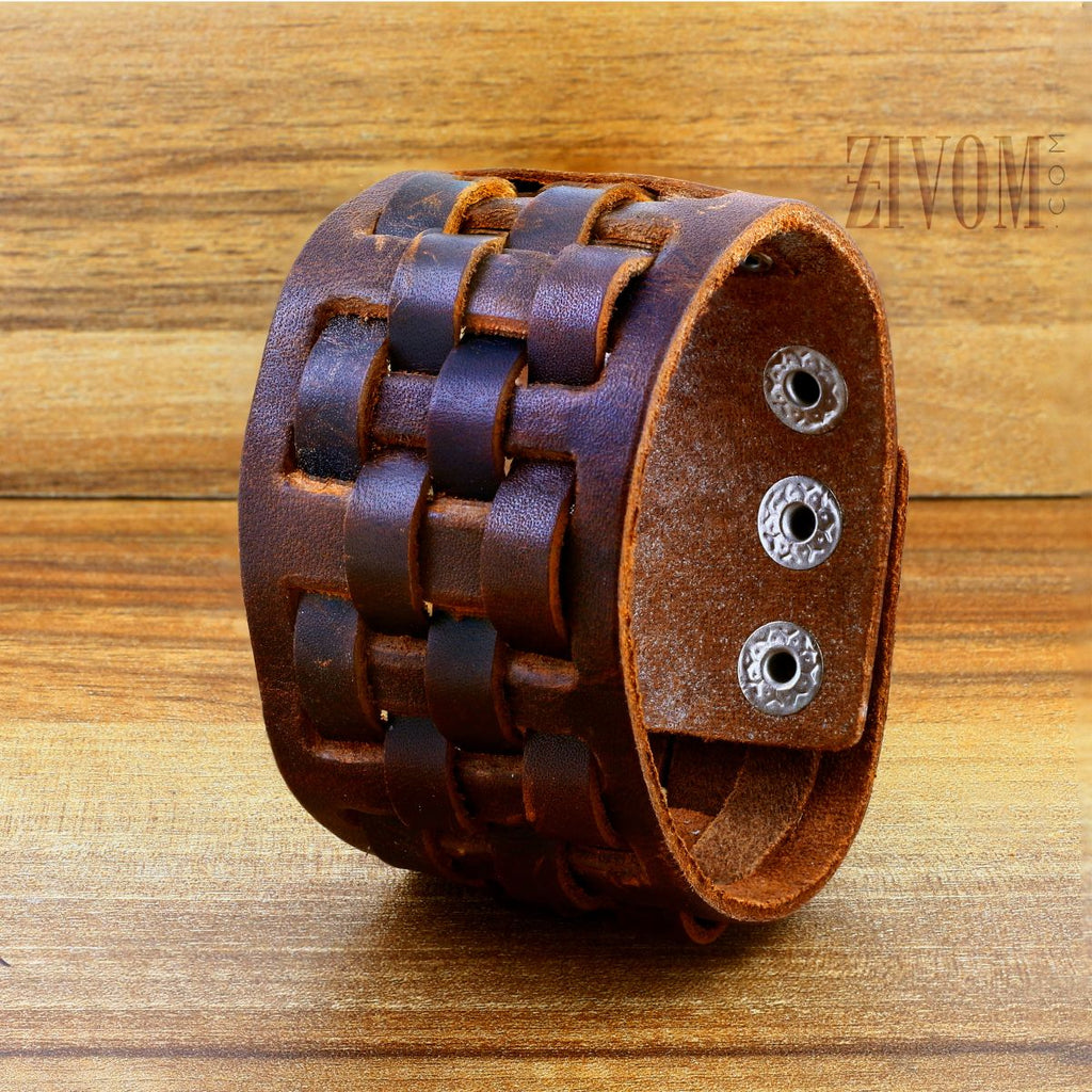 Funky Tan Brown Handcrafted Leather Wrist Band Biker Bracelet Men