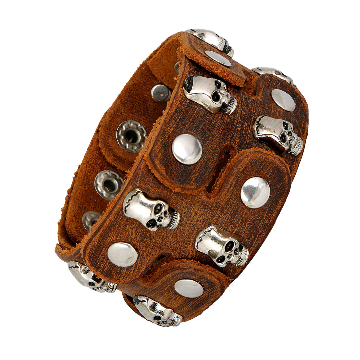 Funky Punk Skull Tan Brown Handcrafted Leather Wrist Band Bracelet Men Main image