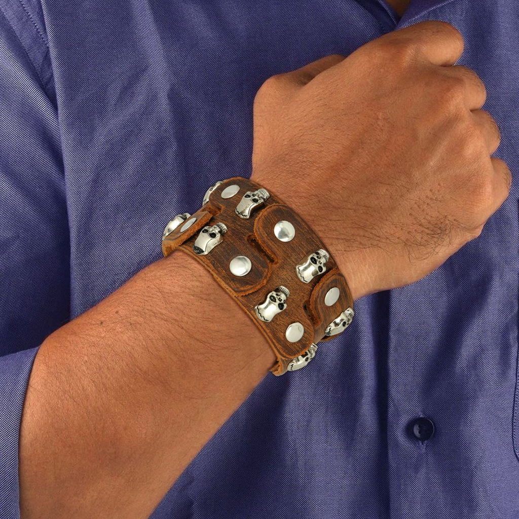 Funky Punk Skull Tan Brown Handcrafted Leather Wrist Band Bracelet Men