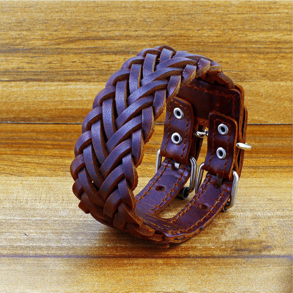 Braided Dark Brown Handcrafted Leather Wrist Band Biker Bracelet Bulk