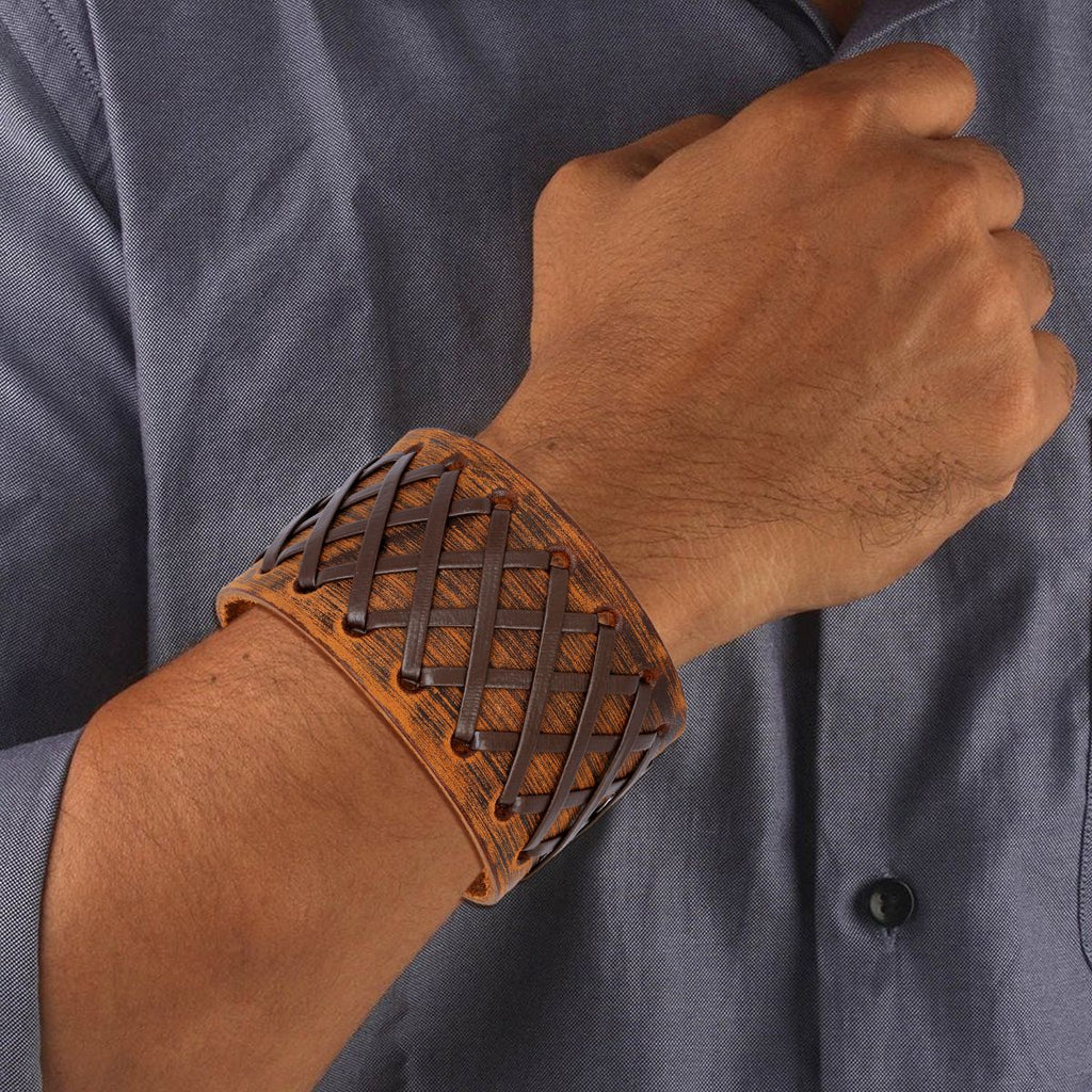 Stitched Braided Tan Brown Handcrafted Leather Wrist Band Bracelet Men