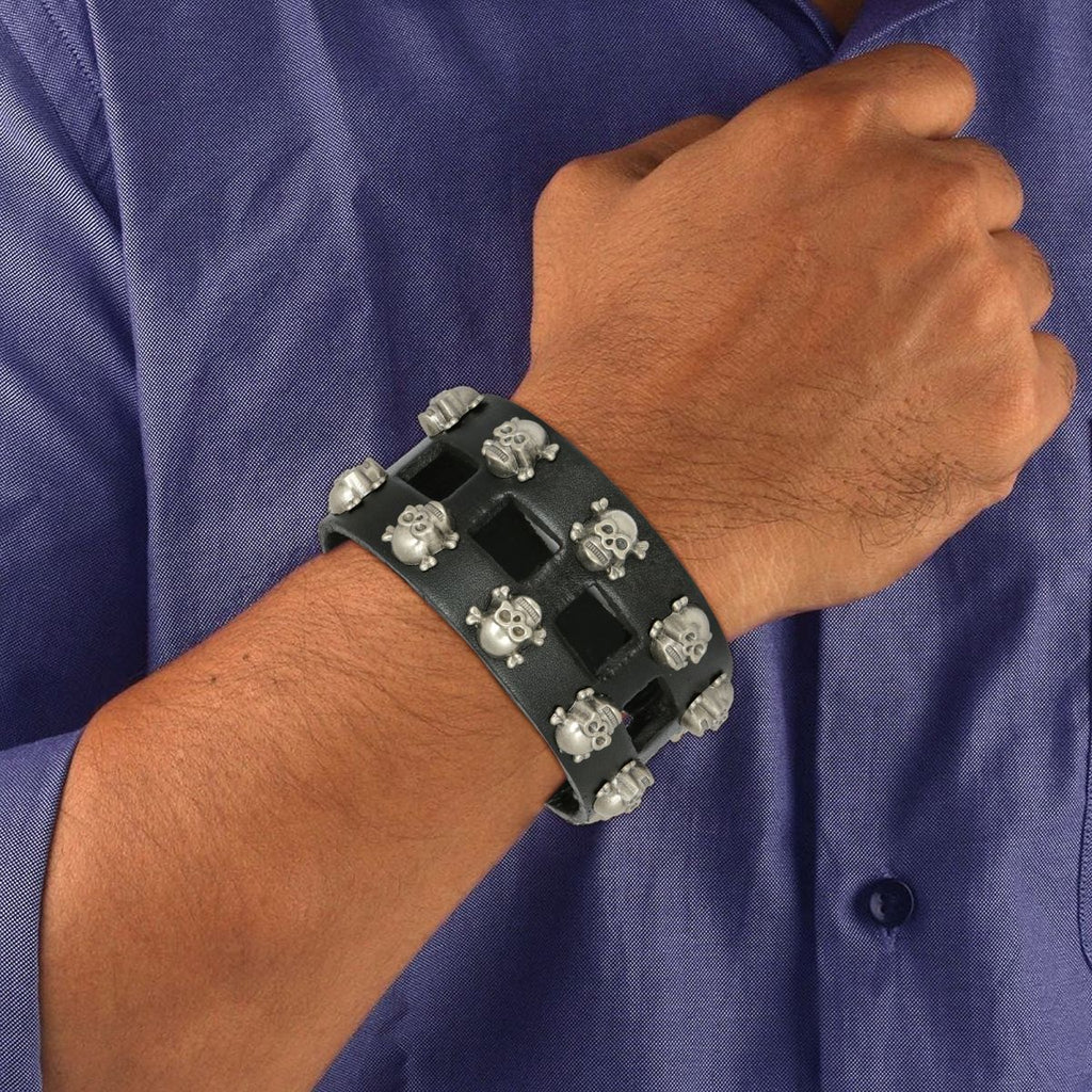 Punk Funky Skull Black Handcrafted Leather Wrist Band Biker Bracelet