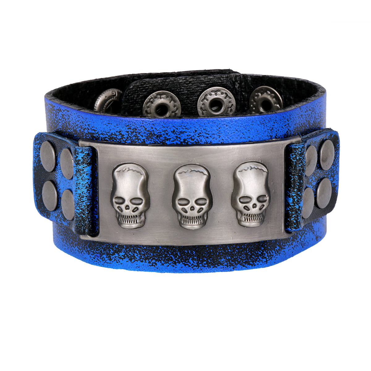 Skull Denim Blue Handcrafted Leather Wrist Band Strap Biker Bracelet