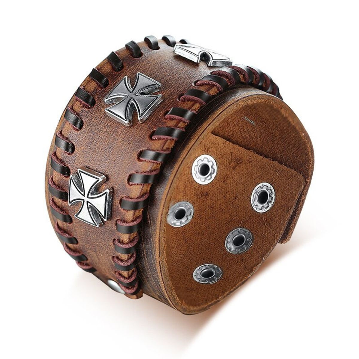 3D Cross Tan Brown Handcrafted Leather Wrist Band Strap Biker Bracelet Main image