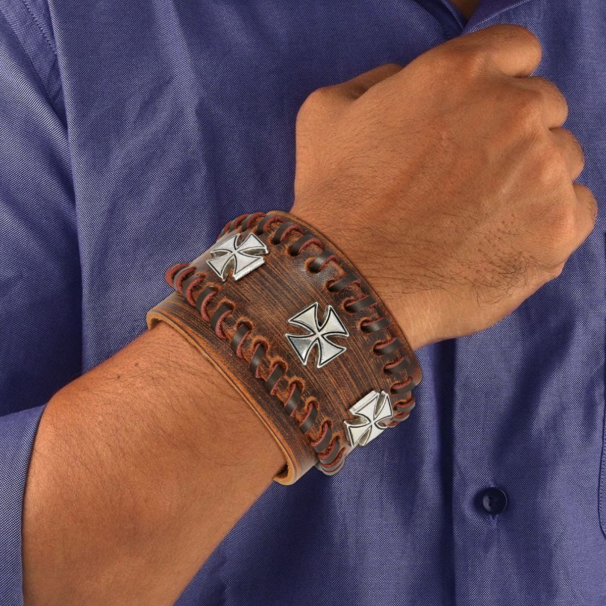 3D Cross Tan Brown Handcrafted Leather Wrist Band Strap Biker Bracelet