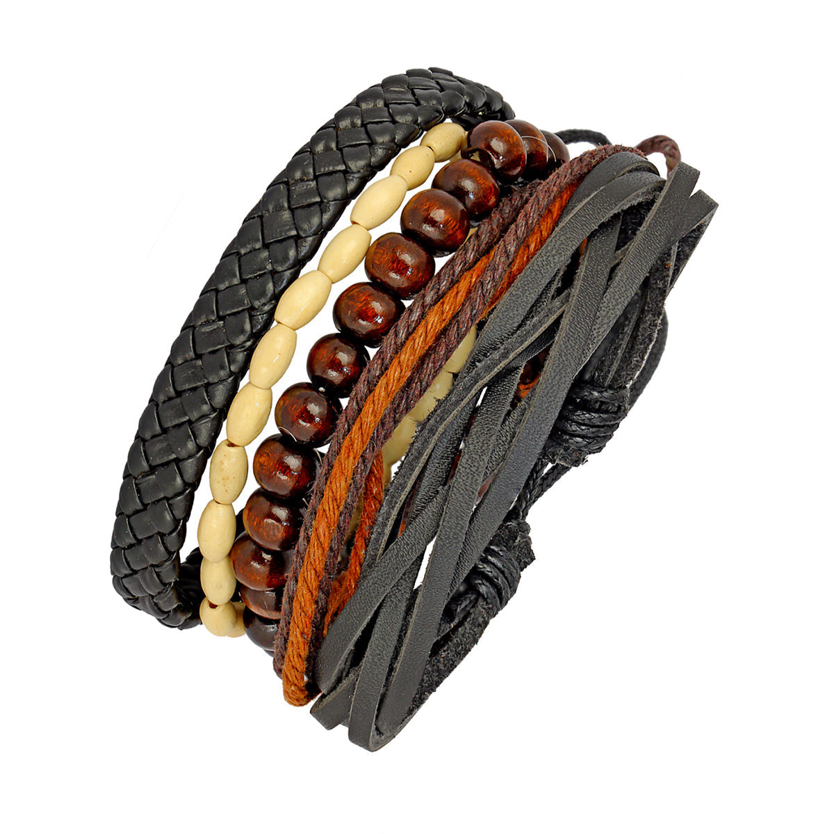 Black Leather Coconut Beads Casual Wrist Band Strand Bracelet Men Main image
