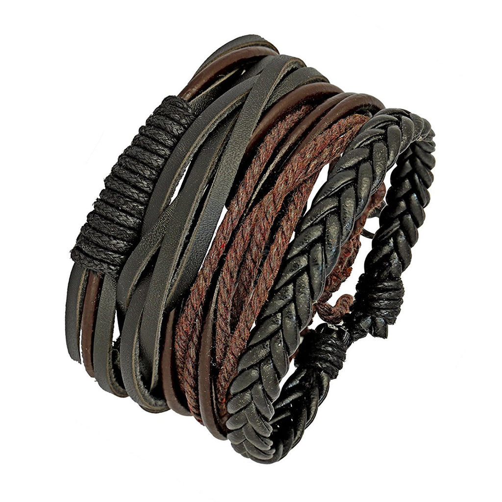 Stylish Black Leather Brown Wrist Band Strand Bracelet Men Bulk