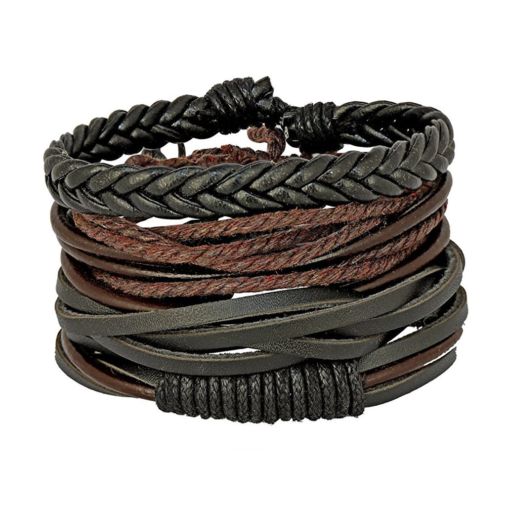 Stylish Black Leather Brown Wrist Band Strand Bracelet Men Bulk