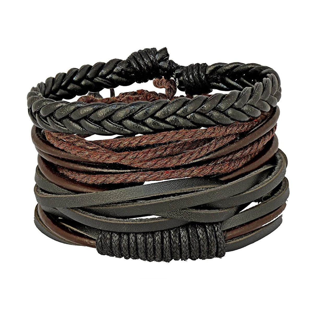 Stylish Black Leather Brown Wrist Band Strand Bracelet Men Bulk