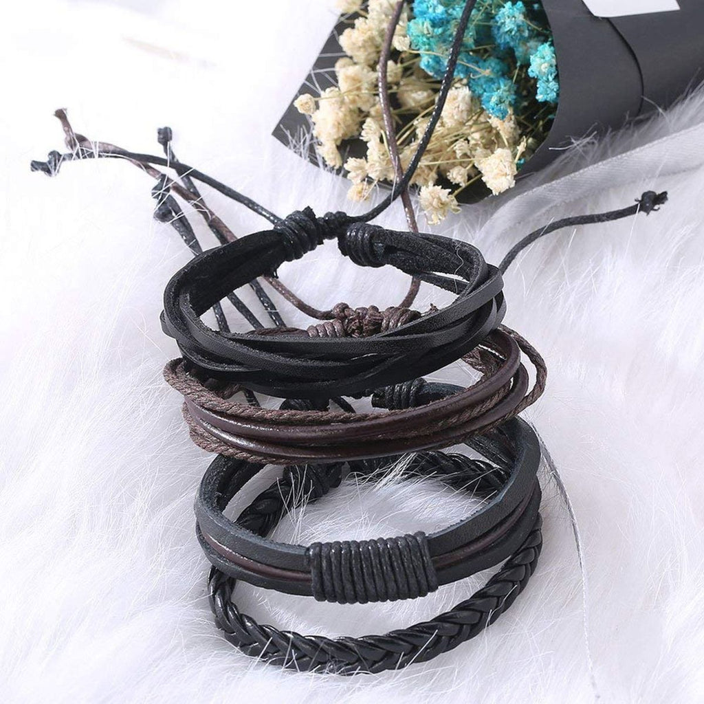 Stylish Black Leather Brown Wrist Band Strand Bracelet Men Bulk