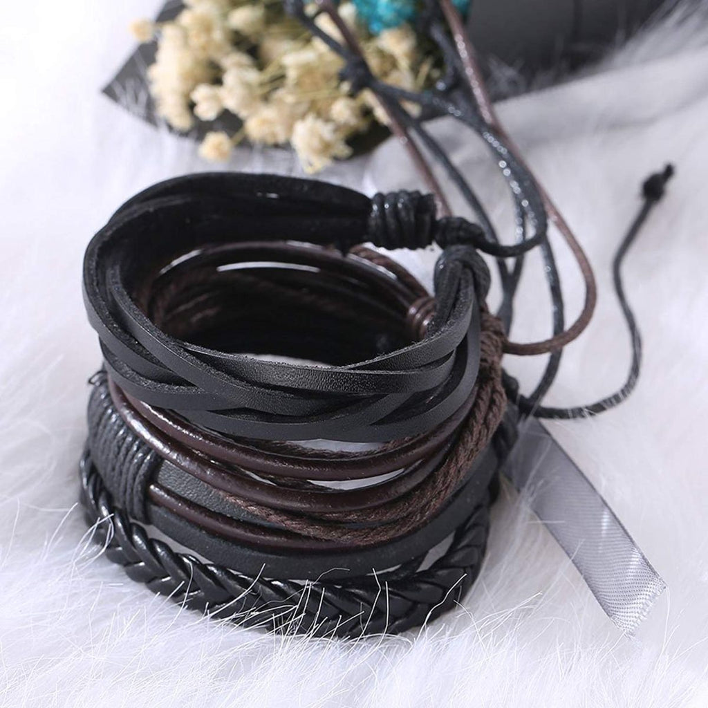 Stylish Black Leather Brown Wrist Band Strand Bracelet Men Bulk