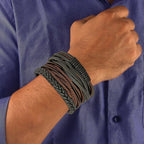 Stylish Black Leather Brown Wrist Band Strand Bracelet Men Bulk