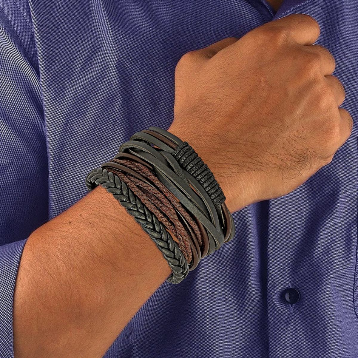 Stylish Black Leather Brown Wrist Band Strand Bracelet Men Bulk