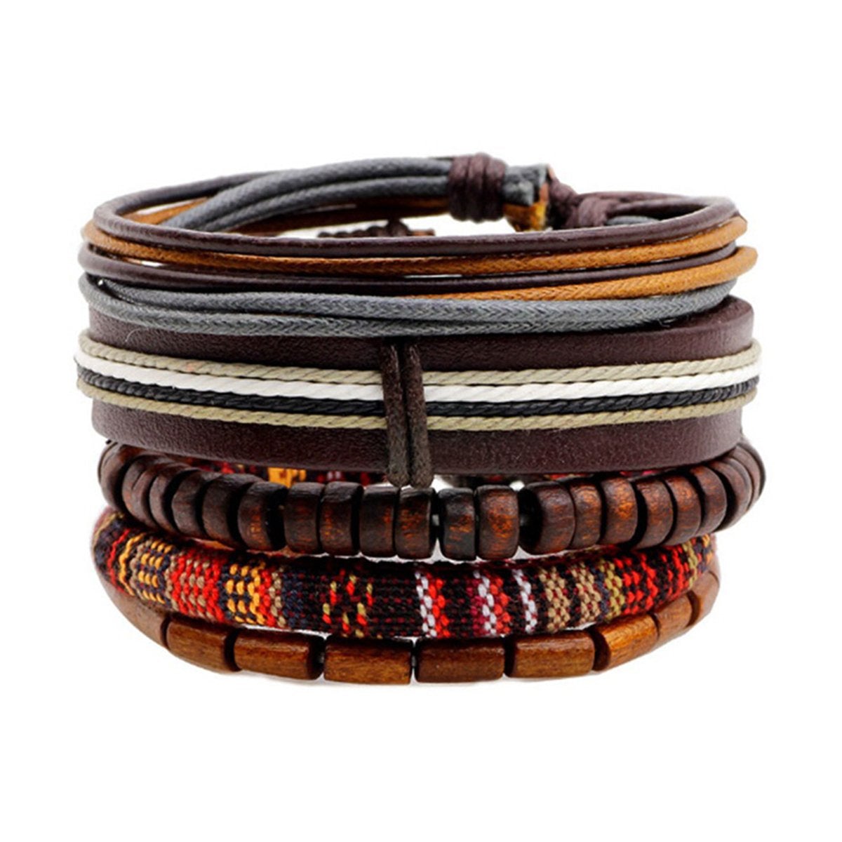 Brown Leather Coconut Beads Casual Wrist Band Strand Bracelet Men Main image