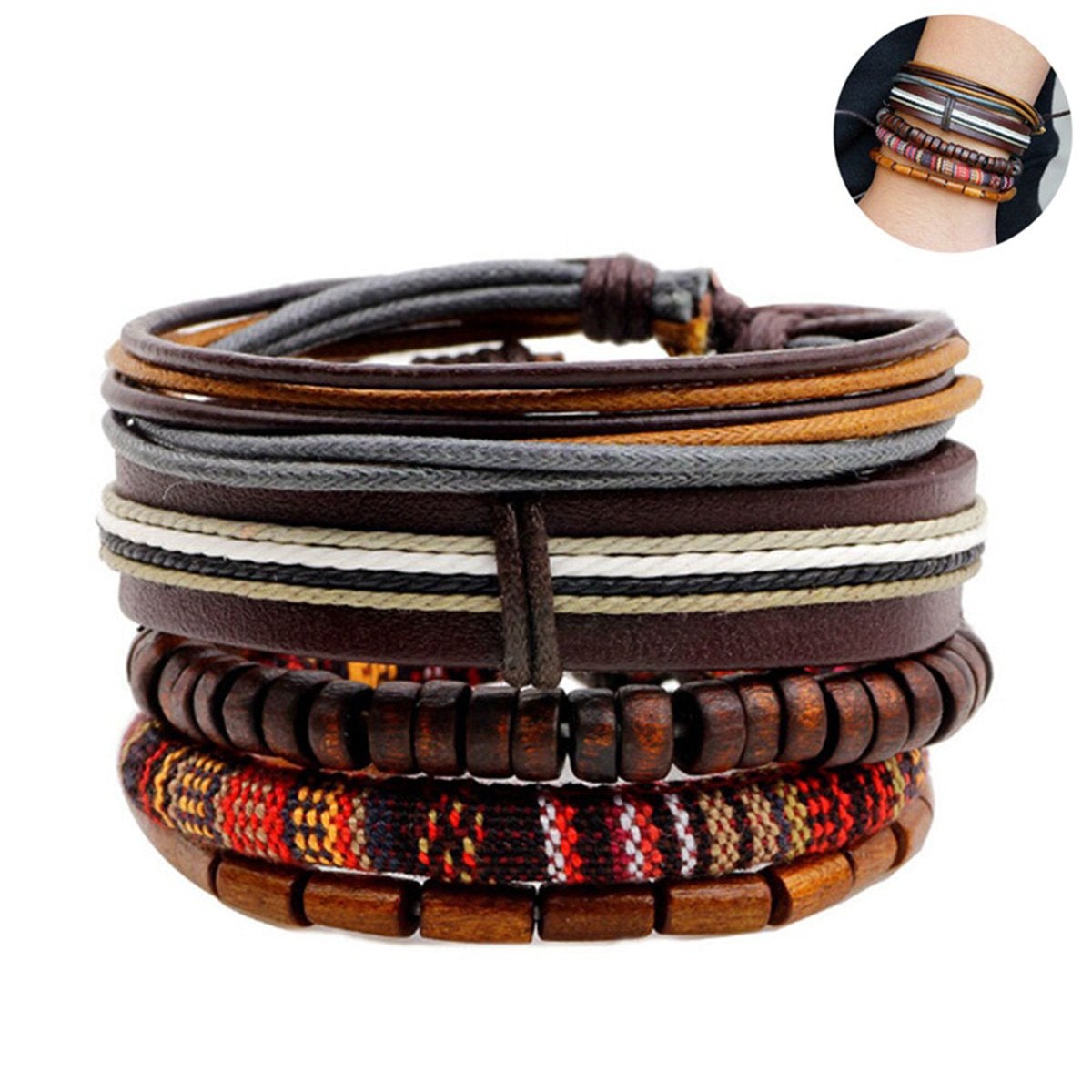 Brown Leather Coconut Beads Casual Wrist Band Strand Bracelet Men Secondary image