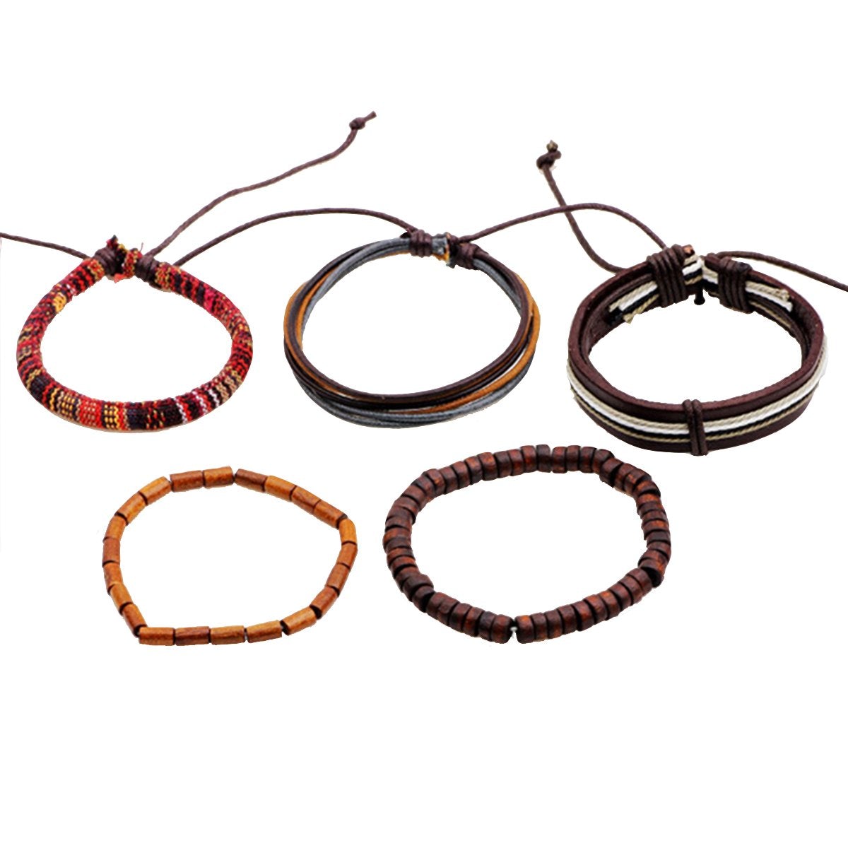 Brown Leather Coconut Beads Casual Wrist Band Strand Bracelet Men