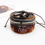 Brown Leather Coconut Beads Casual Wrist Band Strand Bracelet Men