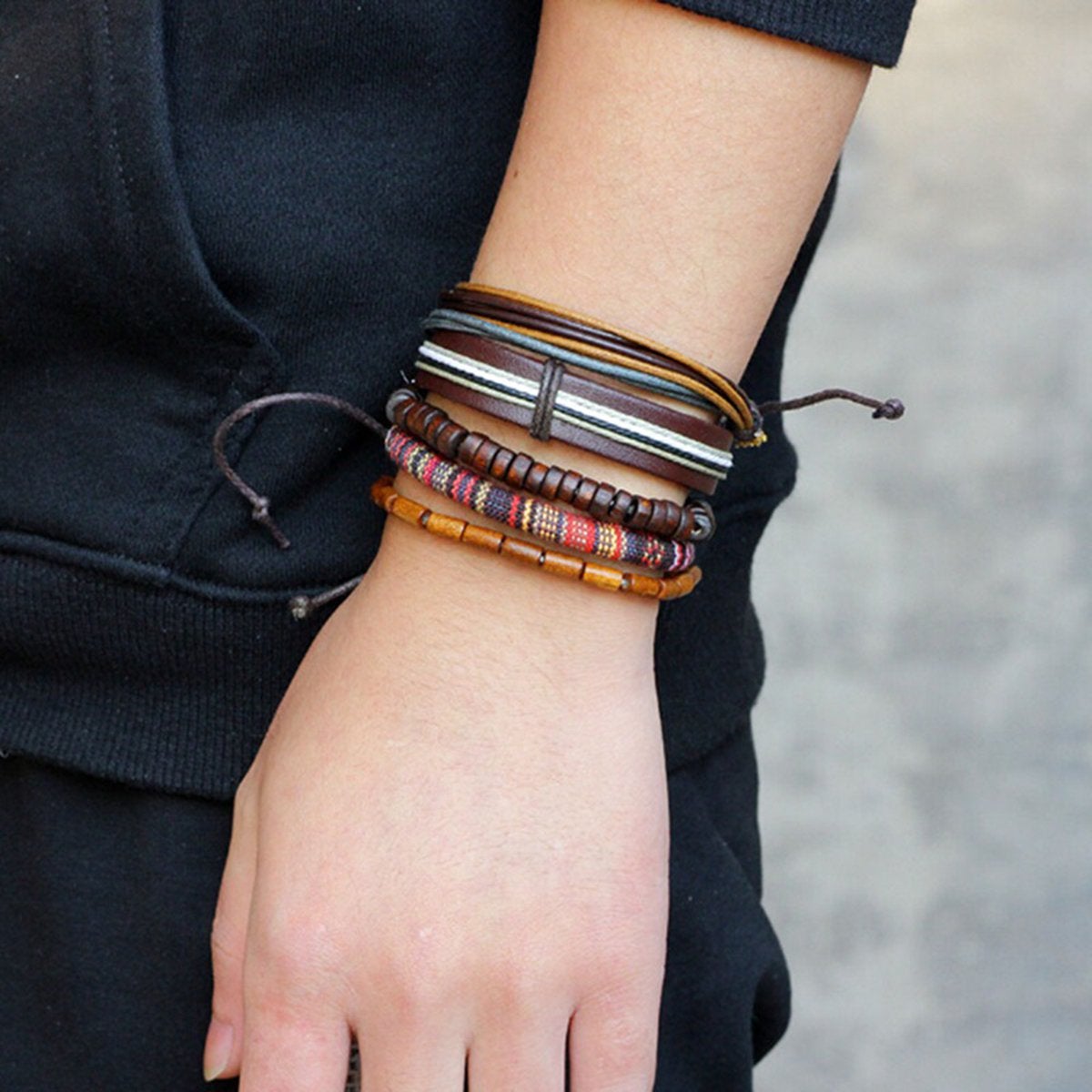Brown Leather Coconut Beads Casual Wrist Band Strand Bracelet Men
