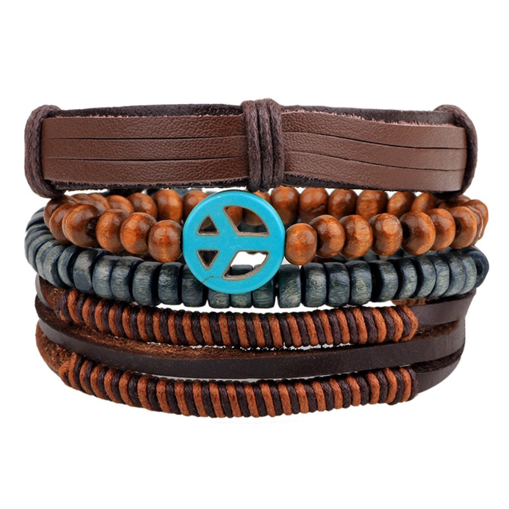 Peace Handcrafted Brown Leather Wrist Band Multi Strand Bracelet Bulk