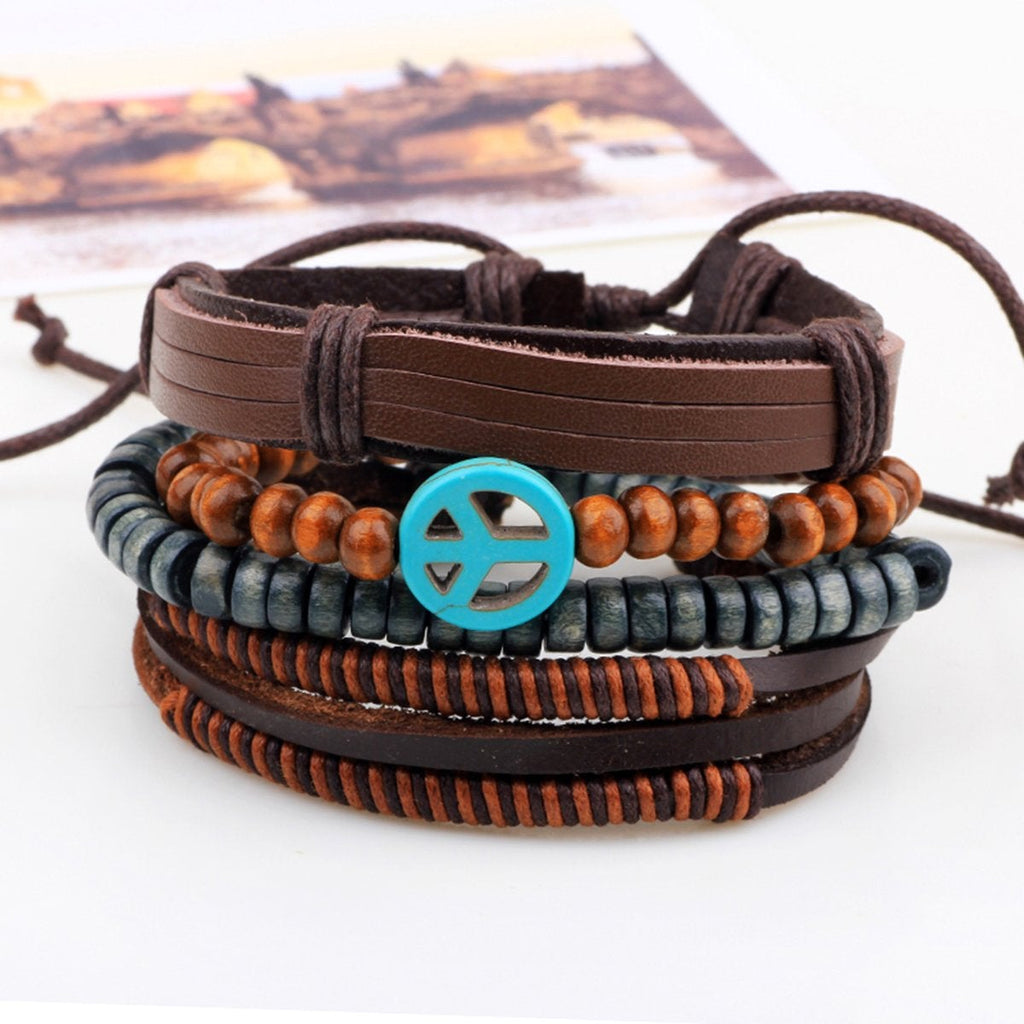 Peace Handcrafted Brown Leather Wrist Band Multi Strand Bracelet Bulk