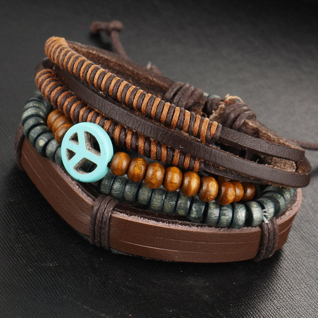 Peace Handcrafted Brown Leather Wrist Band Multi Strand Bracelet Bulk