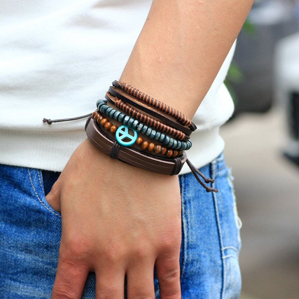 Peace Handcrafted Brown Leather Wrist Band Multi Strand Bracelet Bulk