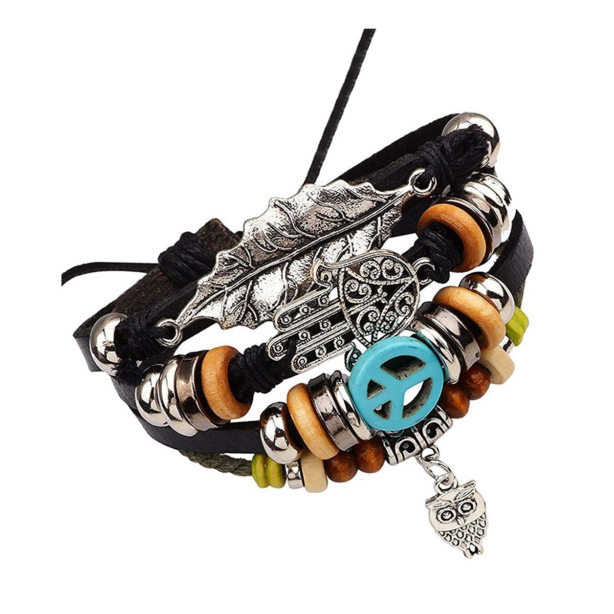 Black Leather Hamsa Peace Charm Wrist Band Multi Strand Bracelet Bulk