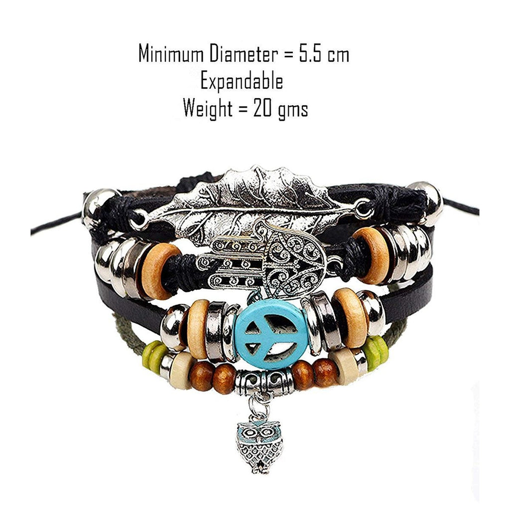 Black Leather Hamsa Peace Charm Wrist Band Multi Strand Bracelet Bulk