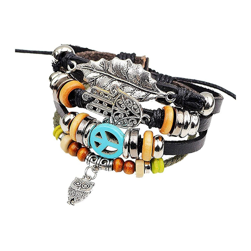 Black Leather Hamsa Peace Charm Wrist Band Multi Strand Bracelet Bulk